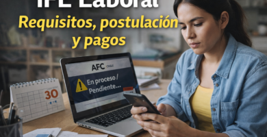 Mujer revisando desde su celular y computador información sobre IFE Laboral, requisitos, postulación y pagos en Chile