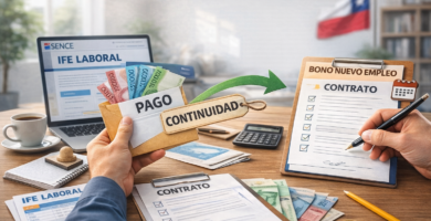 Escritorio de oficina con documentos, contrato, dinero chileno y computador, representando la comparación entre IFE Laboral y Bono Nuevo Empleo en Chile.