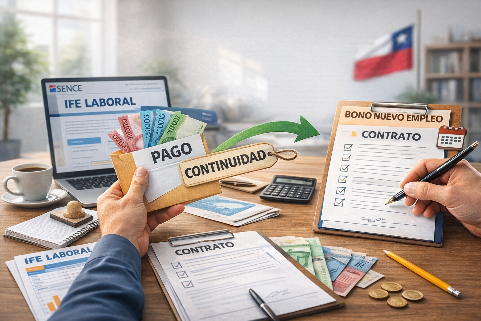 IFE Laboral + Bono Nuevo Empleo: ¿son lo mismo? 1 Escritorio de oficina con documentos, contrato, dinero chileno y computador, representando la comparación entre IFE Laboral y Bono Nuevo Empleo en Chile.