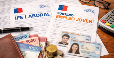 Documentos y dinero en Chile representando beneficios laborales y compatibilidad entre IFE Laboral y Subsidio al Empleo Joven