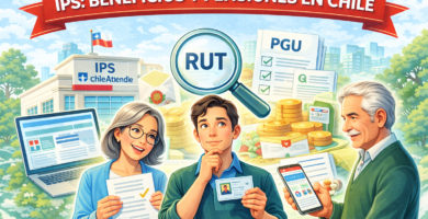 Personas consultando beneficios y pensiones del IPS en Chile con RUT, PGU y ChileAtiende