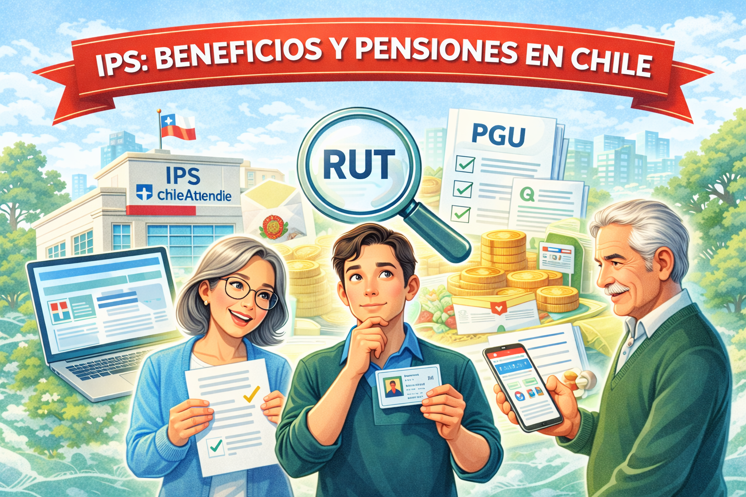 Personas consultando beneficios y pensiones del IPS en Chile con RUT, PGU y ChileAtiende