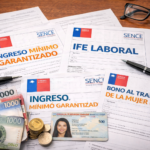 Documentos y dinero en Chile representando la compatibilidad entre Ingreso Mínimo Garantizado, IFE Laboral y Bono al Trabajo de la Mujer