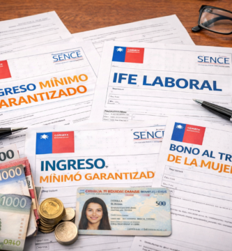 Documentos y dinero en Chile representando la compatibilidad entre Ingreso Mínimo Garantizado, IFE Laboral y Bono al Trabajo de la Mujer