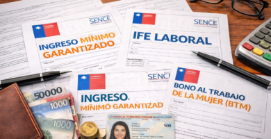 Ingreso Mínimo Garantizado: compatibilidad con IFE Laboral y BMT 2 Documentos y dinero en Chile representando la compatibilidad entre Ingreso Mínimo Garantizado, IFE Laboral y Bono al Trabajo de la Mujer