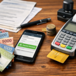 Pago AFC en Chile mostrado con celular, billetera, tarjetas y dinero sobre un escritorio