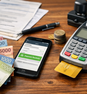 Pago AFC en Chile mostrado con celular, billetera, tarjetas y dinero sobre un escritorio