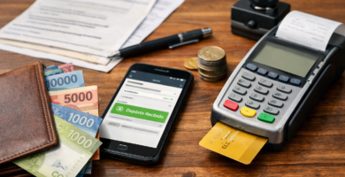 Medios de pago AFC: depósito, cuenta, y cambios de forma de pago 9 Pago AFC en Chile mostrado con celular, billetera, tarjetas y dinero sobre un escritorio