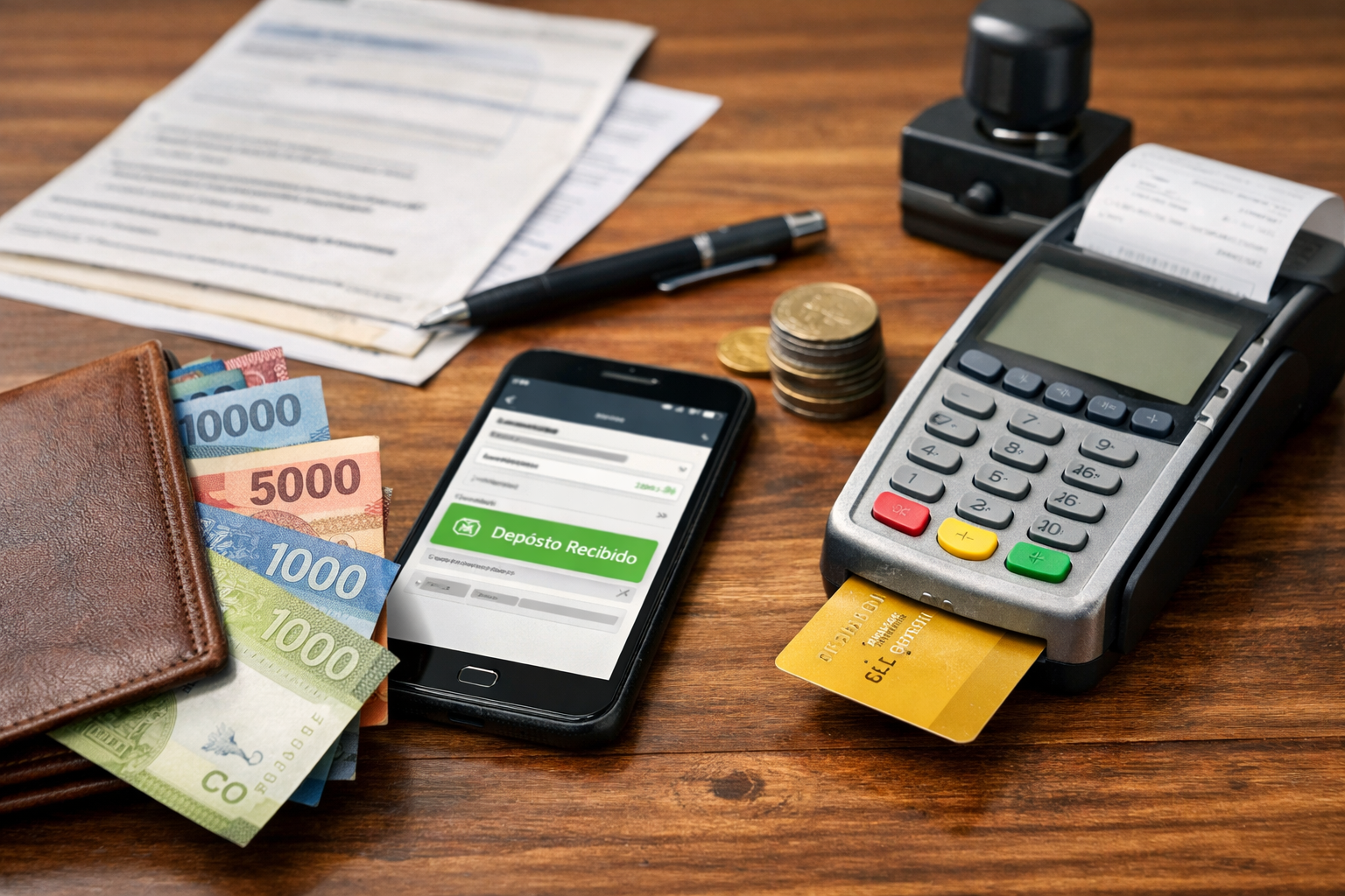 Pago AFC en Chile mostrado con celular, billetera, tarjetas y dinero sobre un escritorio