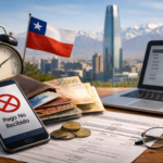 Celular con aviso de pago no recibido, billetera, dinero y documentos sobre una mesa con vista a Santiago de Chile
