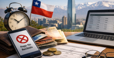 Celular con aviso de pago no recibido, billetera, dinero y documentos sobre una mesa con vista a Santiago de Chile
