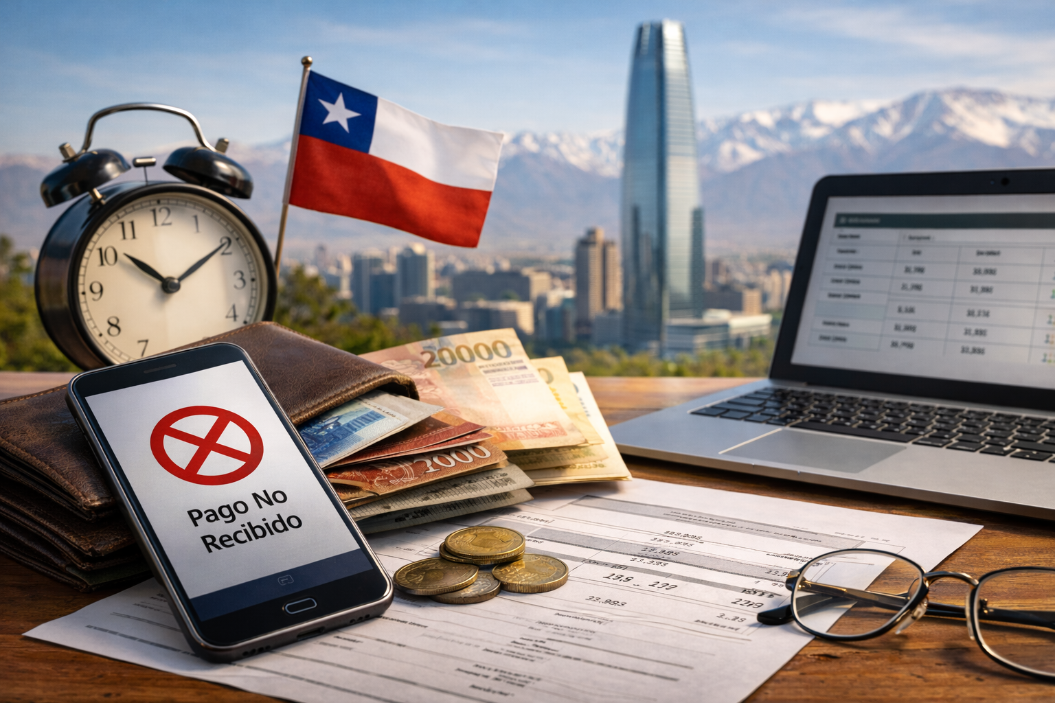 Celular con aviso de pago no recibido, billetera, dinero y documentos sobre una mesa con vista a Santiago de Chile