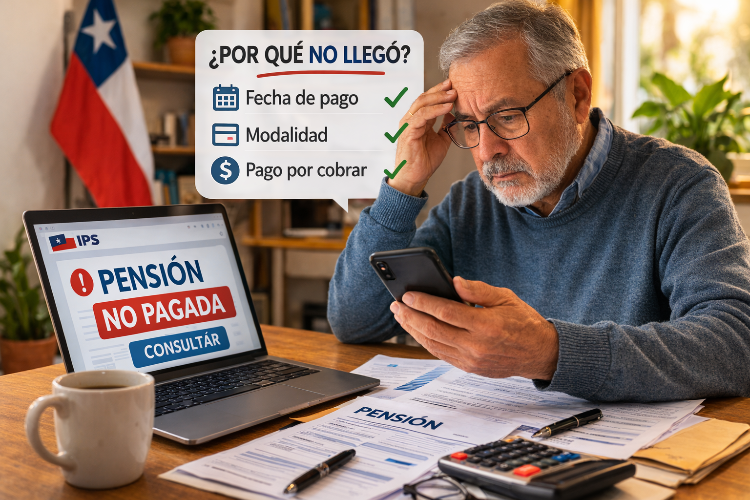 Adulto mayor revisando en su celular por qué no llegó el pago de su pensión en Chile