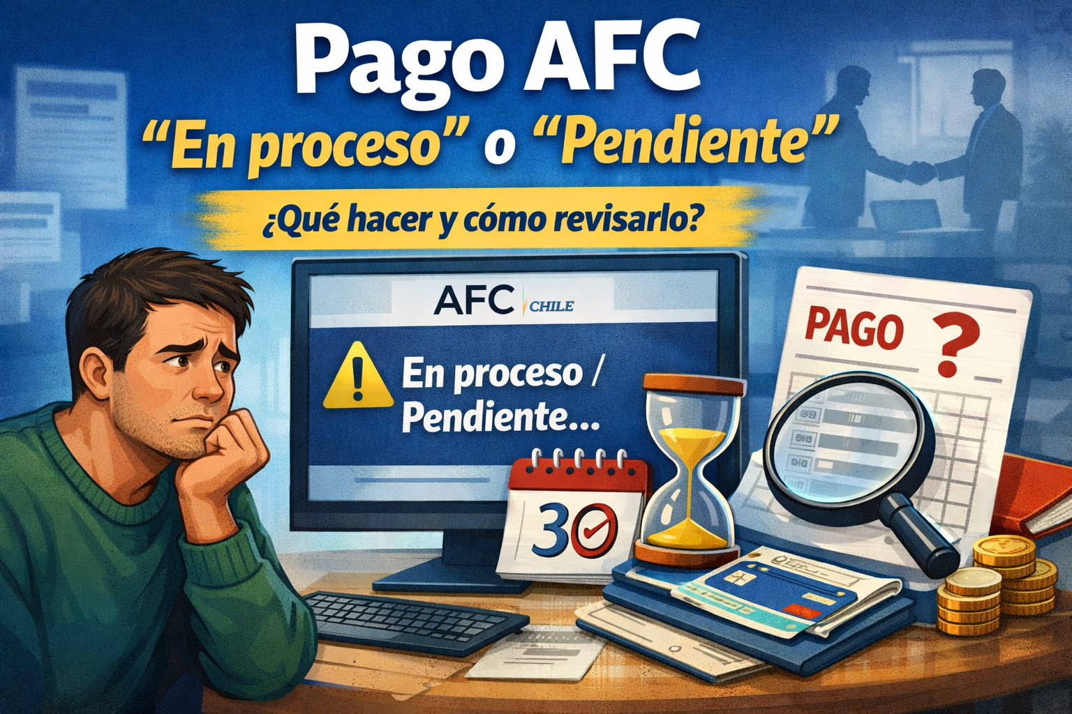 Persona revisando en computador un pago AFC en proceso o pendiente para el seguro de cesantía en Chile