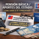 Imagen destacada sobre pensión básica y aportes del Estado en Chile, con cédula chilena, CuentaRUT, calculadora, dinero y documentos de consulta.
