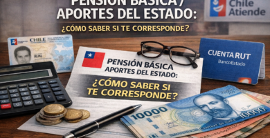 Imagen destacada sobre pensión básica y aportes del Estado en Chile, con cédula chilena, CuentaRUT, calculadora, dinero y documentos de consulta.