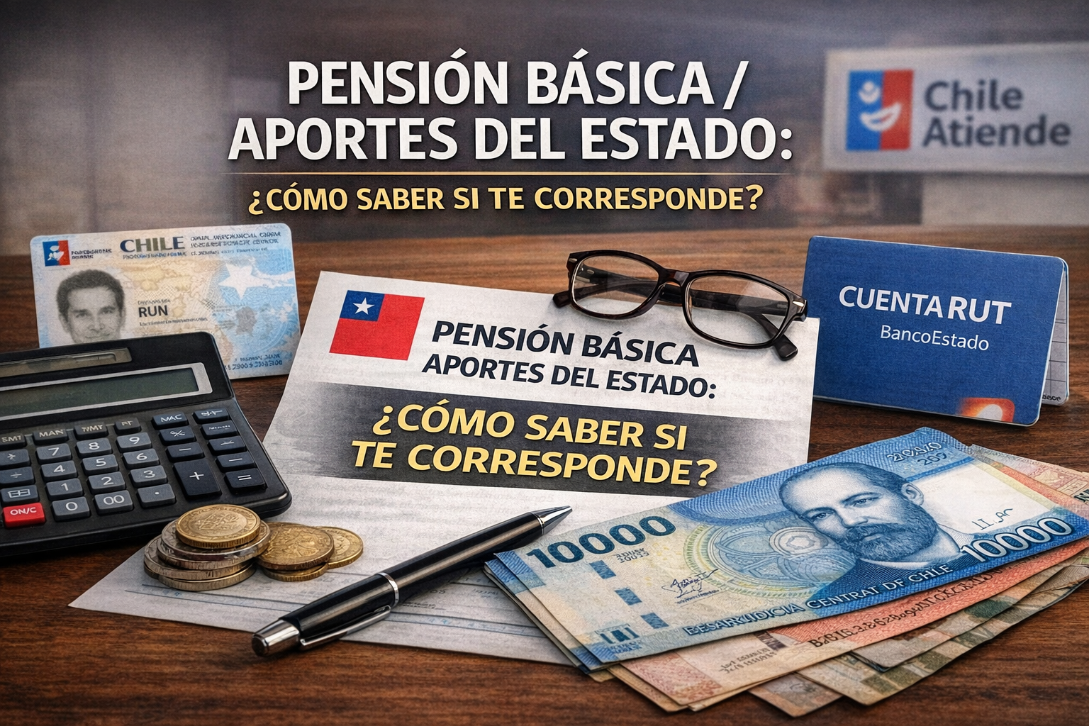 Imagen destacada sobre pensión básica y aportes del Estado en Chile, con cédula chilena, CuentaRUT, calculadora, dinero y documentos de consulta.