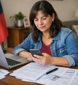 Registro Social de Hogares y bonos: qué cambia y cómo actualizar datos 2 Mujer chilena revisando el Registro Social de Hogares en su celular y computador con documentos sobre la mesa