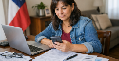Mujer chilena revisando el Registro Social de Hogares en su celular y computador con documentos sobre la mesa