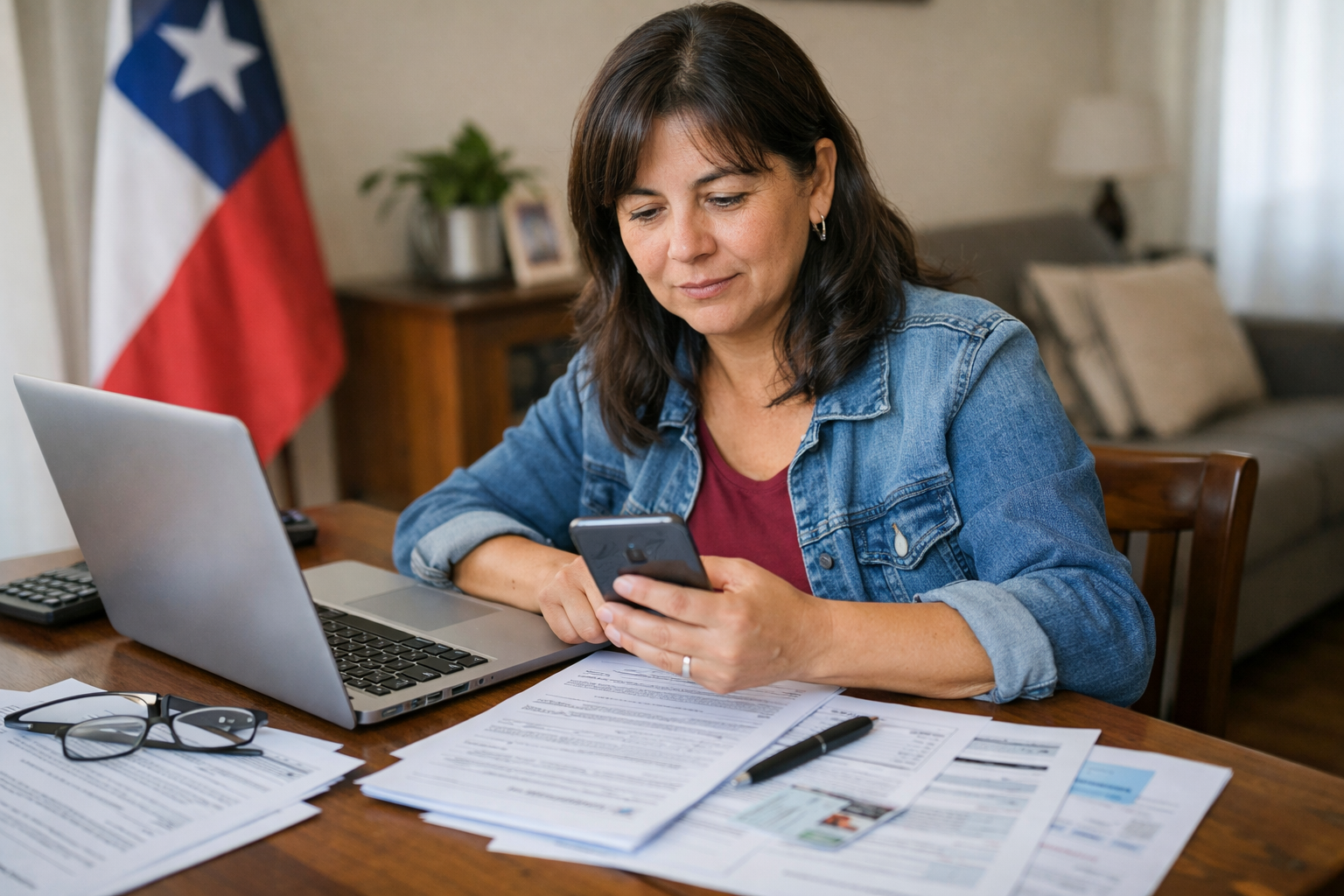 Registro Social de Hogares y bonos: qué cambia y cómo actualizar datos 1 Mujer chilena revisando el Registro Social de Hogares en su celular y computador con documentos sobre la mesa