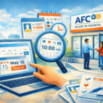 Persona reservando hora en AFC desde un computador, con calendario, horario de cita y sucursal del Seguro de Cesantía al fondo