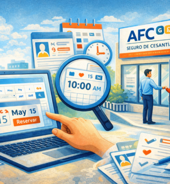 Persona reservando hora en AFC desde un computador, con calendario, horario de cita y sucursal del Seguro de Cesantía al fondo