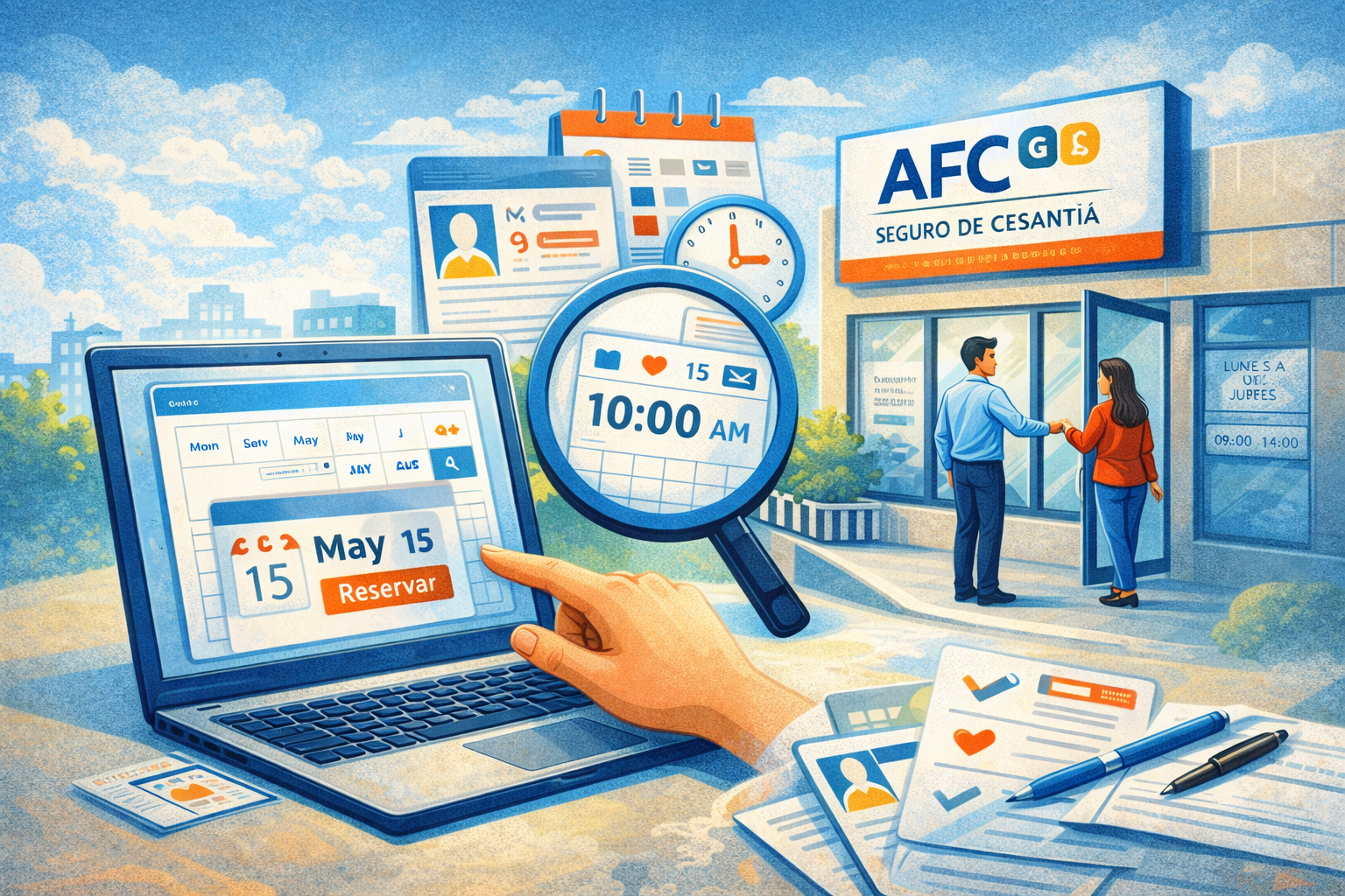 Persona reservando hora en AFC desde un computador, con calendario, horario de cita y sucursal del Seguro de Cesantía al fondo