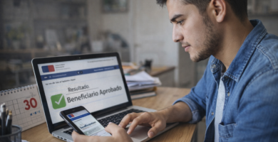Resultados Subsidio Empleo Joven: cómo ver si saliste beneficiado 8 Joven revisando en su celular y computador si salió beneficiado con el Subsidio al Empleo Joven en Chile