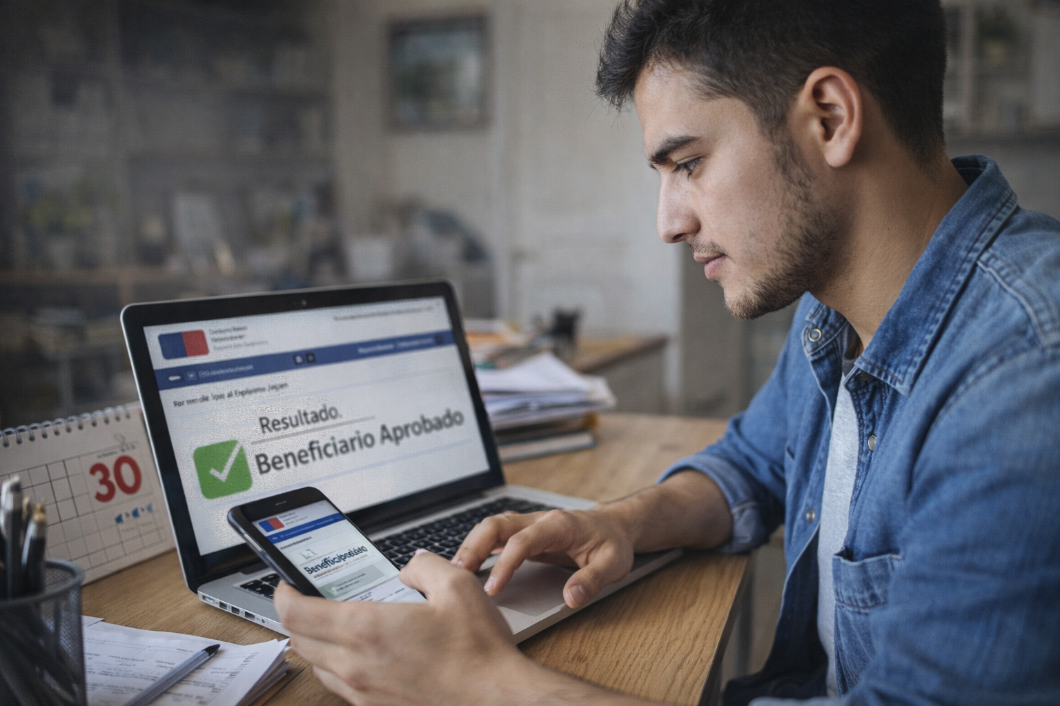 Resultados Subsidio Empleo Joven: cómo ver si saliste beneficiado 1 Joven revisando en su celular y computador si salió beneficiado con el Subsidio al Empleo Joven en Chile