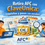 Persona realizando el retiro AFC con ClaveÚnica en la Sucursal Virtual, con ilustración de saldo CIC, documentos y validación del trámite