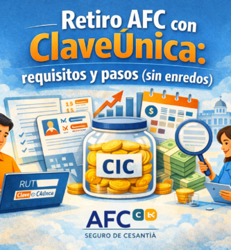 Retiro AFC con ClaveÚnica: requisitos y pasos (sin enredos) 3 Persona realizando el retiro AFC con ClaveÚnica en la Sucursal Virtual, con ilustración de saldo CIC, documentos y validación del trámite