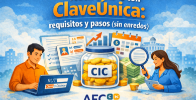 Persona realizando el retiro AFC con ClaveÚnica en la Sucursal Virtual, con ilustración de saldo CIC, documentos y validación del trámite
