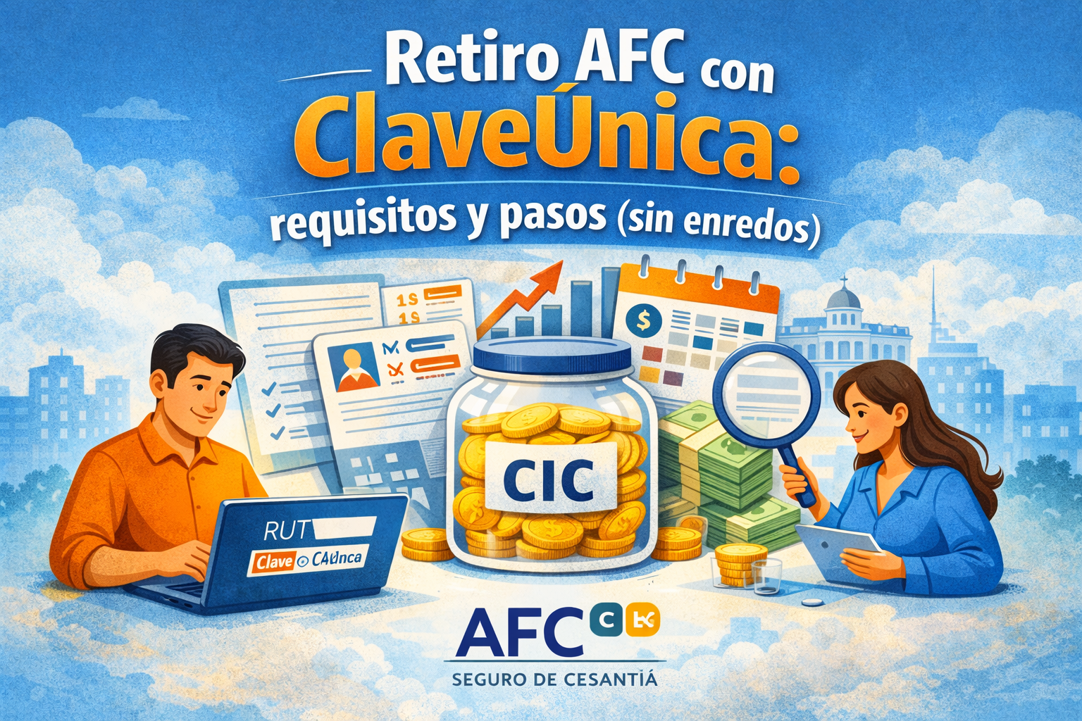 Retiro AFC con ClaveÚnica: requisitos y pasos (sin enredos) 1 Persona realizando el retiro AFC con ClaveÚnica en la Sucursal Virtual, con ilustración de saldo CIC, documentos y validación del trámite