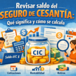 Persona revisando el saldo del seguro de cesantía en AFC con ilustración de cotizaciones, rentabilidad y retiros en la Cuenta Individual de Cesantía