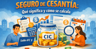 Persona revisando el saldo del seguro de cesantía en AFC con ilustración de cotizaciones, rentabilidad y retiros en la Cuenta Individual de Cesantía