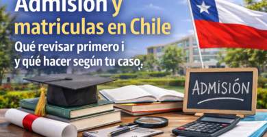 Imagen de portada sobre admisión y matrículas en Chile con birrete, libros, diploma y bandera chilena en entorno universitario