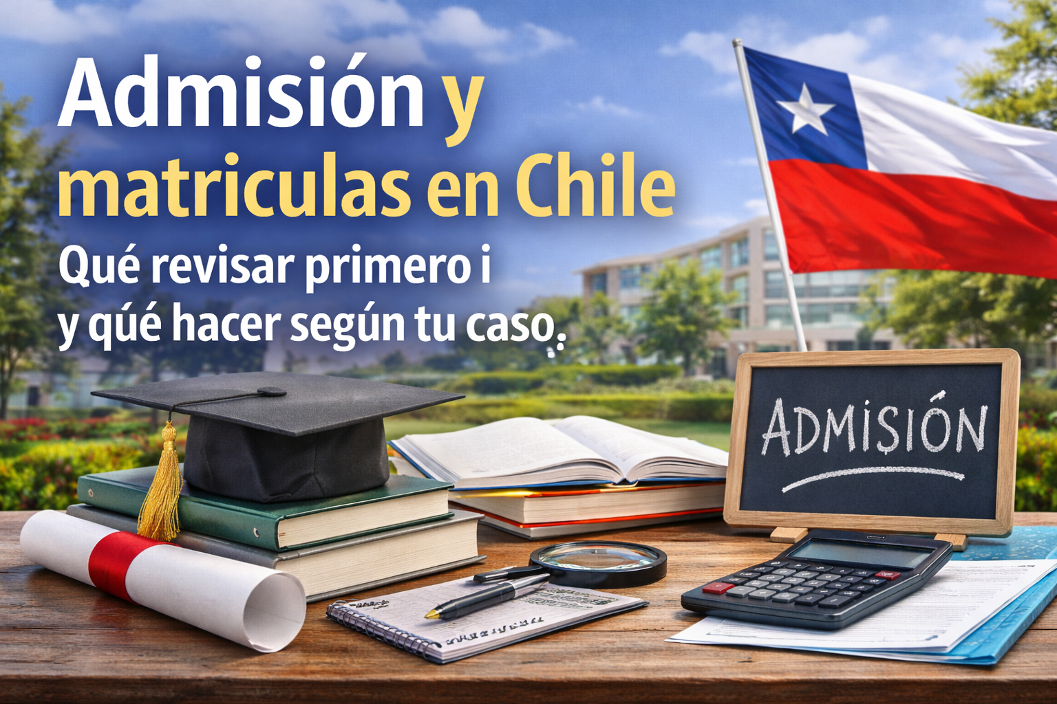 Admisión y matrículas en Chile: cómo entender el proceso, qué revisar primero y qué hacer según tu caso 1 Imagen de portada sobre admisión y matrículas en Chile con birrete, libros, diploma y bandera chilena en entorno universitario