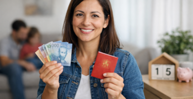 Comparación entre asignación familiar y Bono Marzo en Chile con dinero chileno y etiquetas visibles