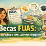 Portada horizontal sobre becas FUAS en Chile con estudiante, formulario, universidad y elementos de ayuda estudiantil