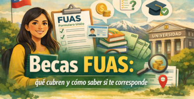 Portada horizontal sobre becas FUAS en Chile con estudiante, formulario, universidad y elementos de ayuda estudiantil