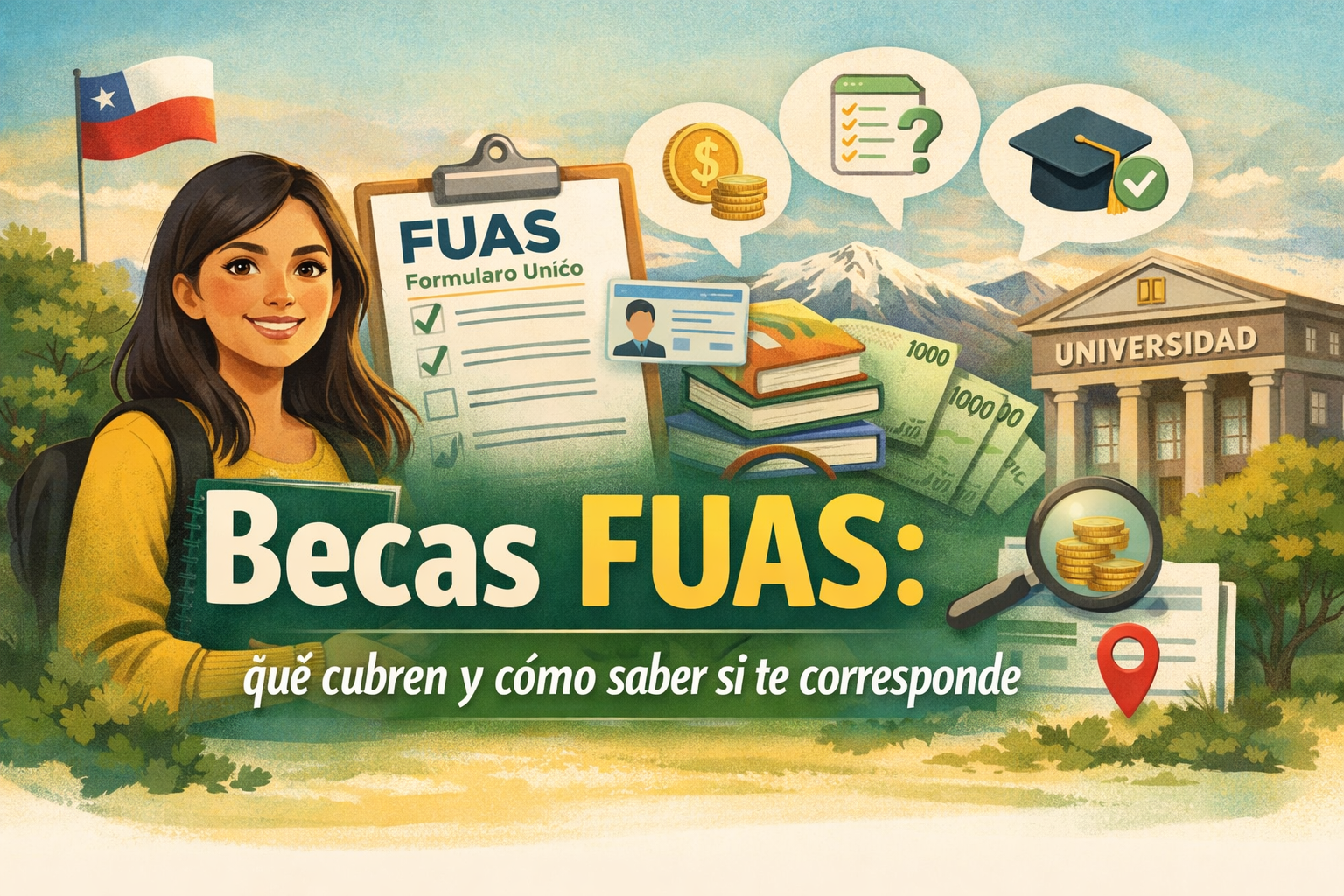 Becas FUAS: qué cubren, requisitos y cómo saber si te corresponde 1 Portada horizontal sobre becas FUAS en Chile con estudiante, formulario, universidad y elementos de ayuda estudiantil