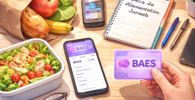 Becas alimentación Junaeb: requisitos, postulación y cómo se usa el beneficio 4 Estudiante usando la BAES de Junaeb para comprar alimentos con celular, tarjeta y comida sobre una mesa
