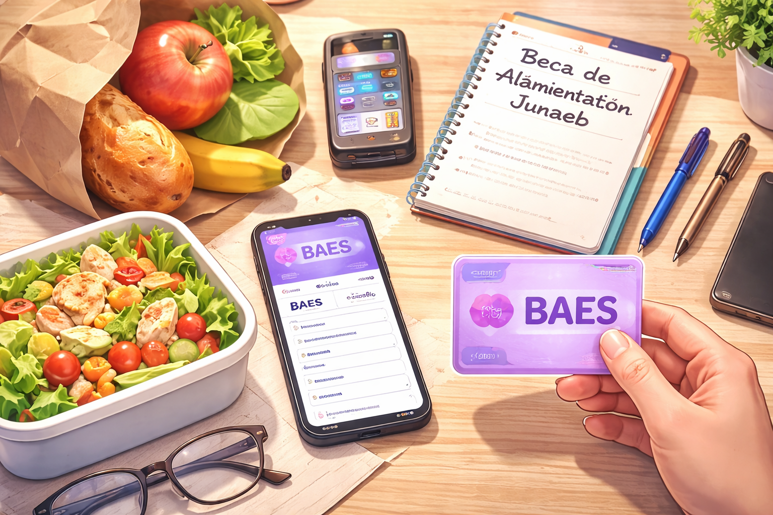 Becas alimentación Junaeb: requisitos, postulación y cómo se usa el beneficio 1 Estudiante usando la BAES de Junaeb para comprar alimentos con celular, tarjeta y comida sobre una mesa