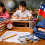 Niños estudiando en sala de clases con útiles escolares, mochila y dinero chileno sobre una mesa, representando becas y apoyos para educación básica en Chile.