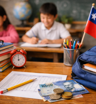 Niños estudiando en sala de clases con útiles escolares, mochila y dinero chileno sobre una mesa, representando becas y apoyos para educación básica en Chile.