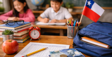 Niños estudiando en sala de clases con útiles escolares, mochila y dinero chileno sobre una mesa, representando becas y apoyos para educación básica en Chile.