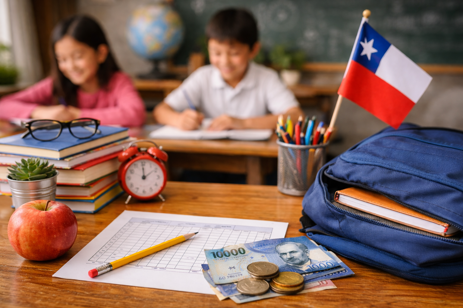 Becas básica: qué son y cómo postular (qué te piden sí o sí) 1 Niños estudiando en sala de clases con útiles escolares, mochila y dinero chileno sobre una mesa, representando becas y apoyos para educación básica en Chile.