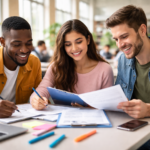 Tres estudiantes revisan documentos y completan formularios en una mesa de estudio para postular a becas del FUAS en Chile.