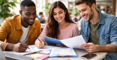 Tres estudiantes revisan documentos y completan formularios en una mesa de estudio para postular a becas del FUAS en Chile.