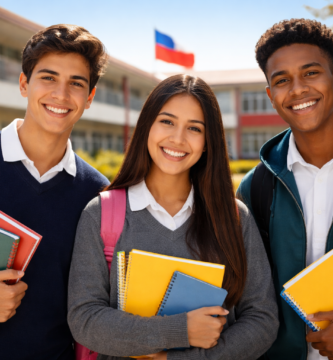 Estudiantes de enseñanza media en Chile sonriendo frente a su colegio con cuadernos y mochilas